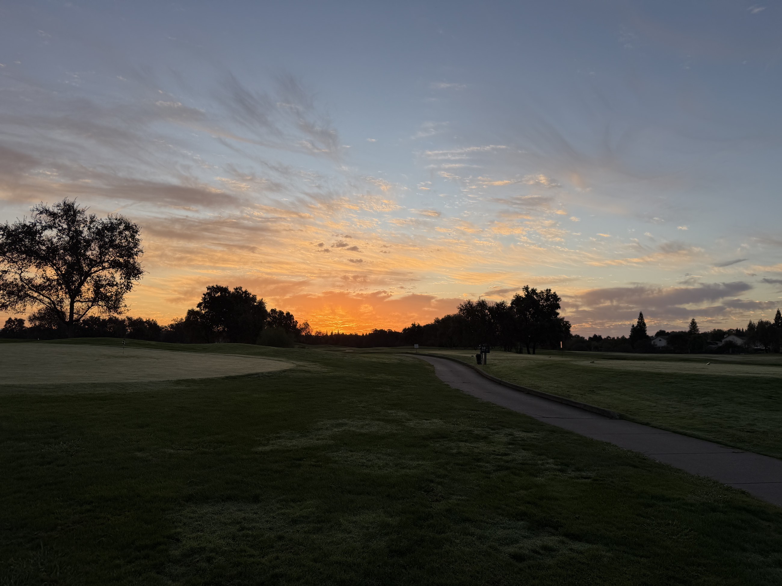 First light at Woodcreek Golf Club, a valley oak in silhouette and the cart path running toward the tenth tee