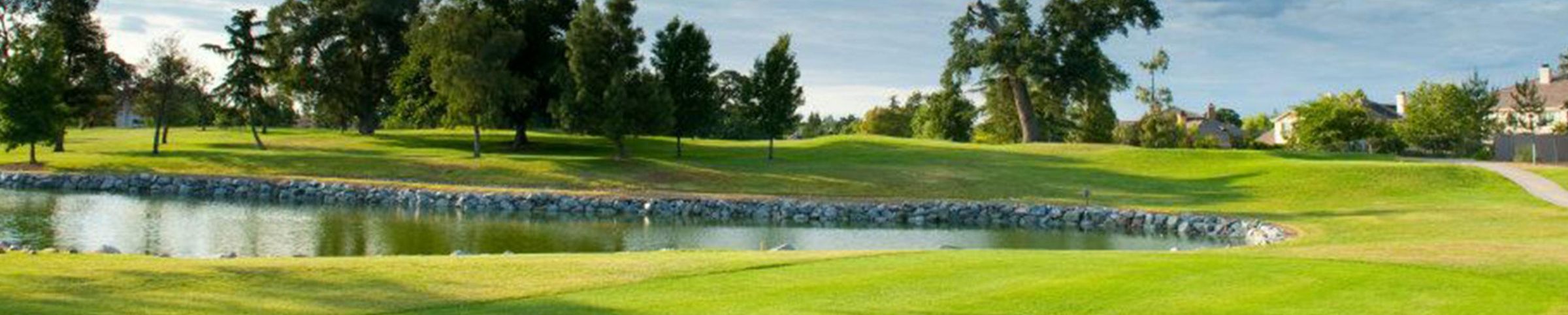 A par three over water framed by oaks