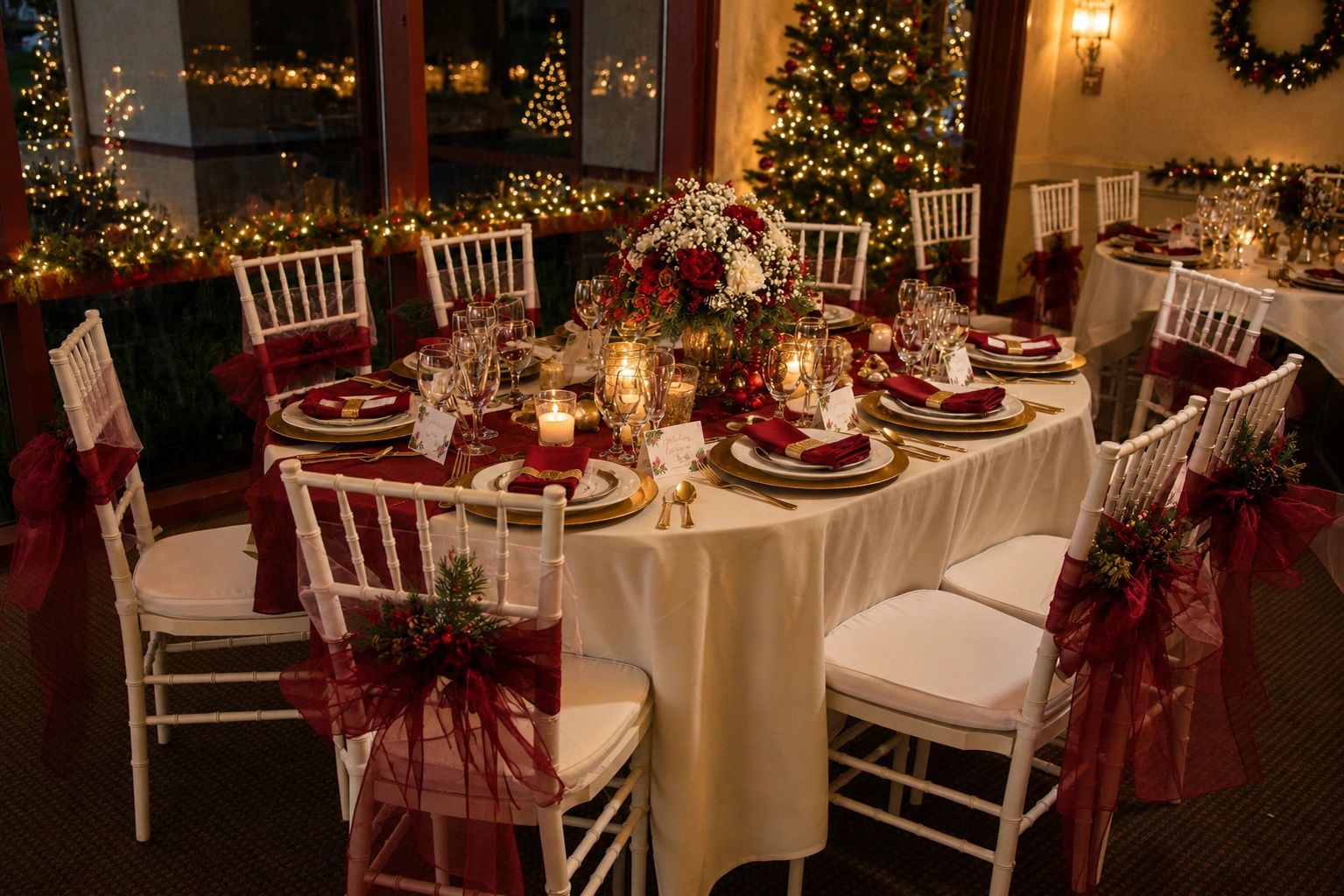 Holiday table setting with gold linens, red accents and candlelight
