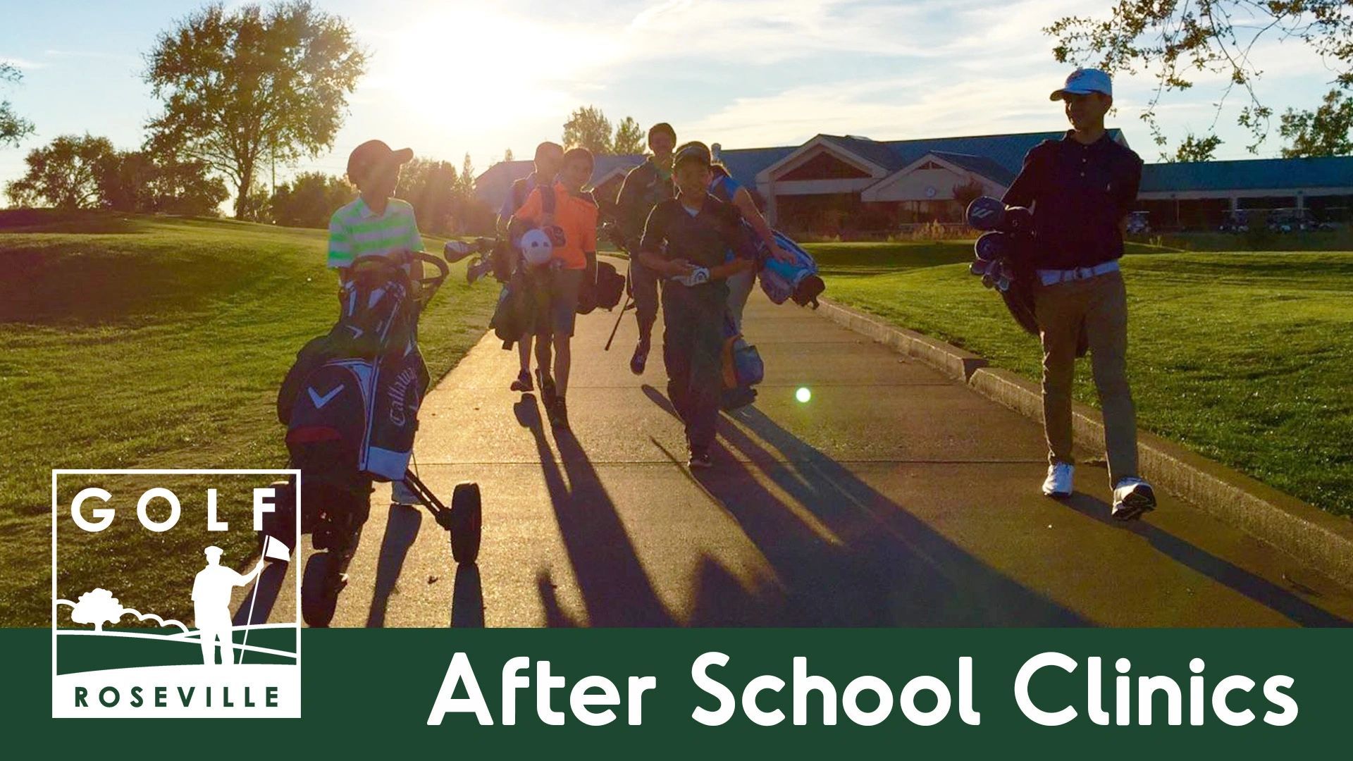 Junior golfers walking the course at sunset with their bags during an after-school clinic